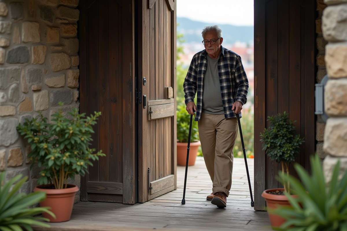 Homme âgé avec canne entrant dans un hostel rustique