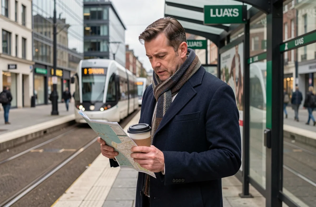 Homme consultant une carte à un arrêt de tram LUAS à Dublin lors d'une visite sans voiture