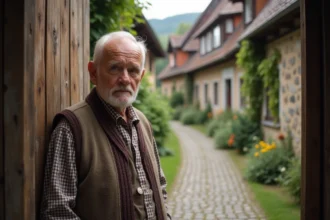 Homme bavarois âgé devant une ferme ancienne en Gummering