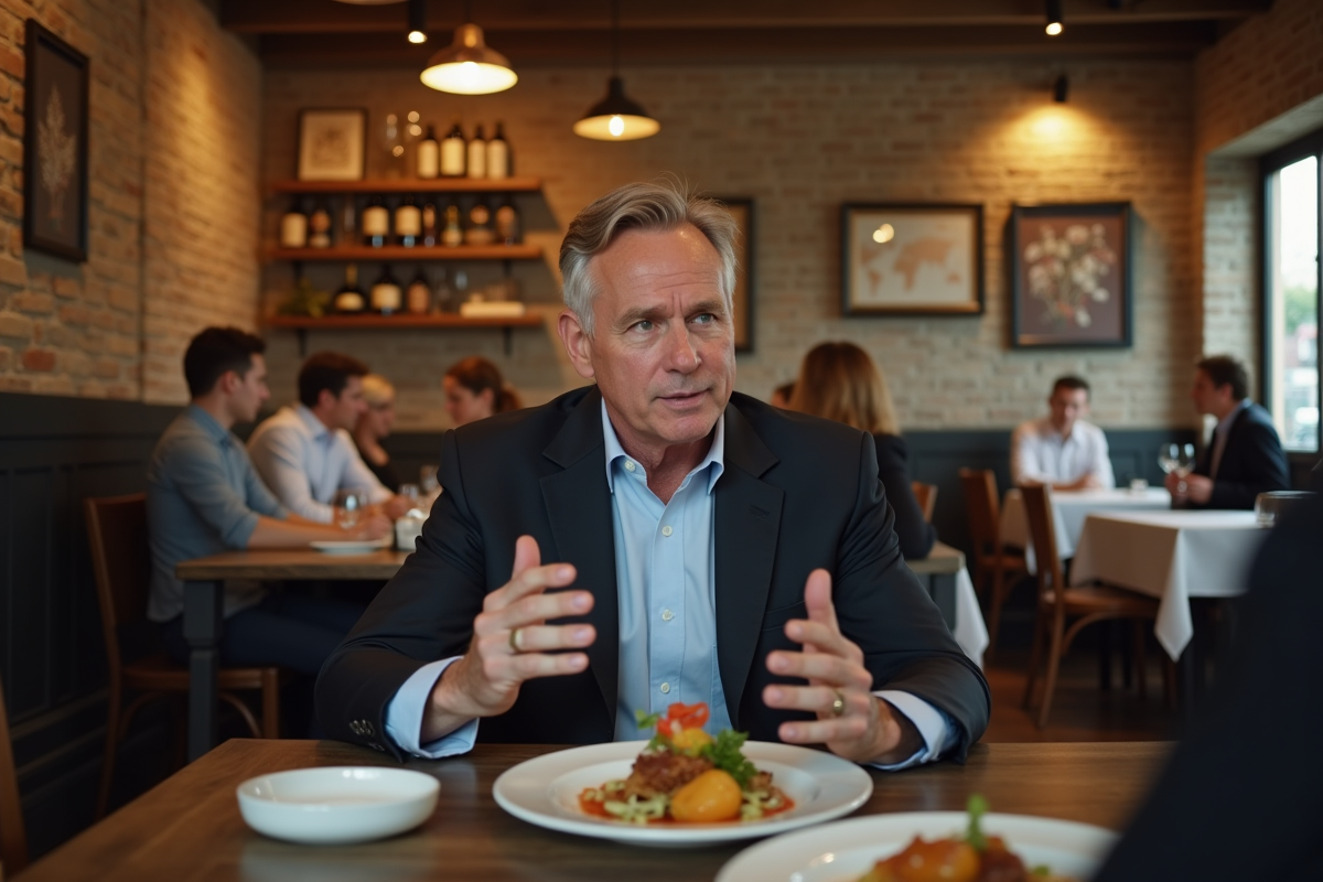 Homme écoutant un chef dans un bistro convivial