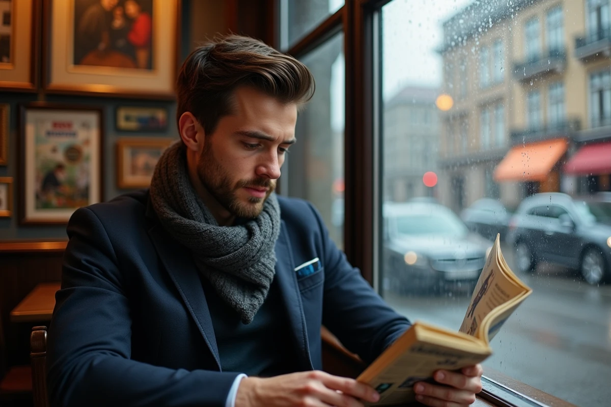 Homme lisant un guide dans un café berlinois sous la pluie