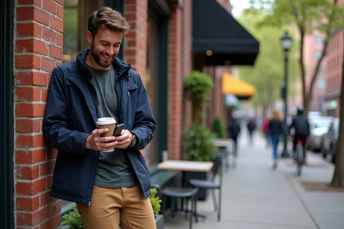 Jeune homme dans un café de Brooklyn avec rue animée en arrière-plan