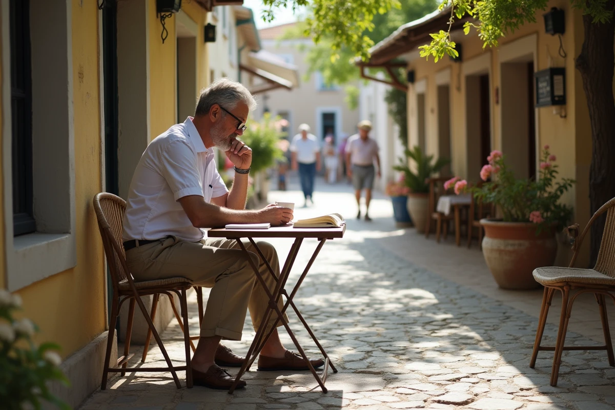 Homme assis au café dans le village de Kythira