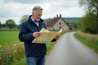 Homme en veste marine avec carte dans la campagne normande