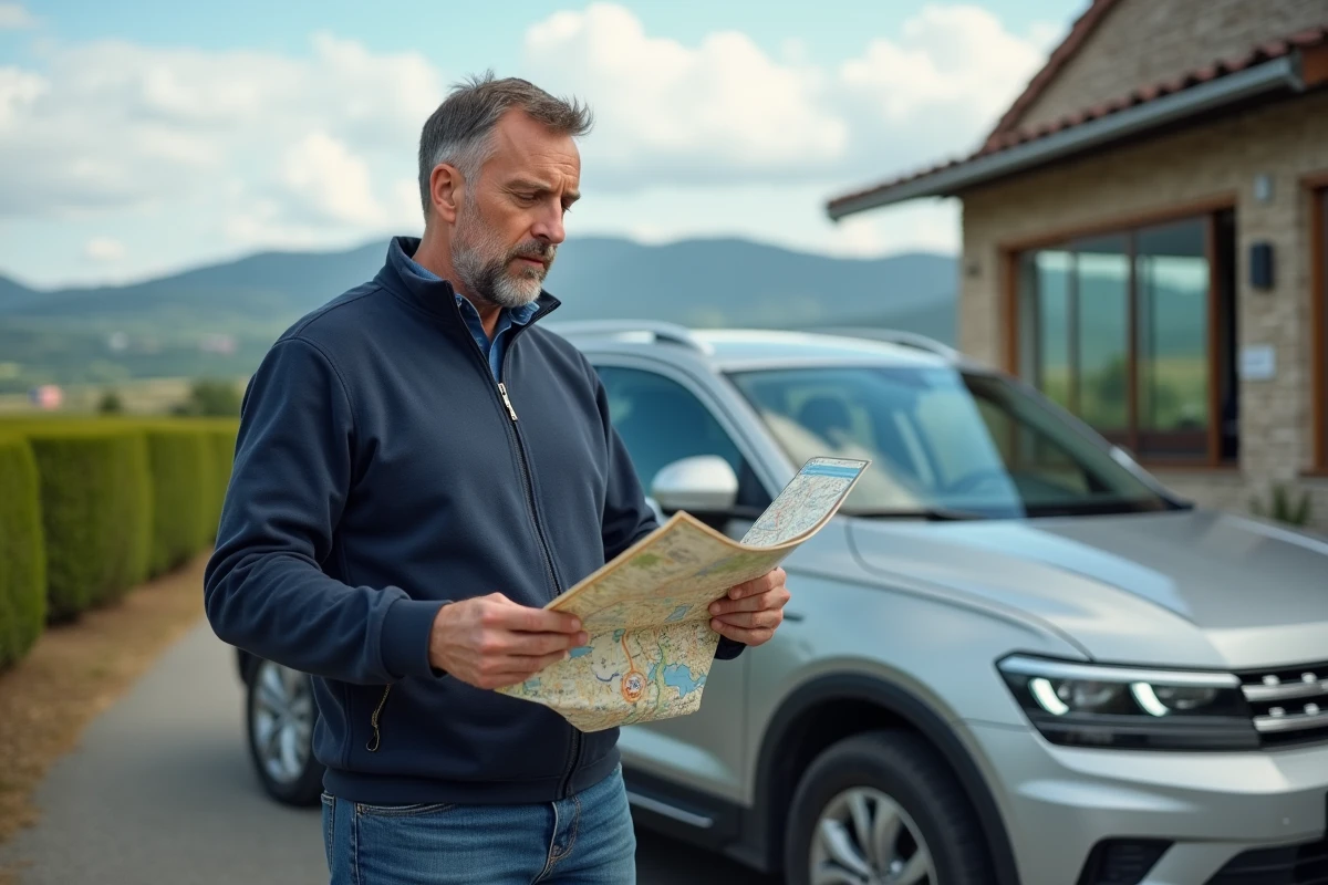 Homme consultant une carte Michelin papier à une aire de repos pour planifier un itinéraire sans péage