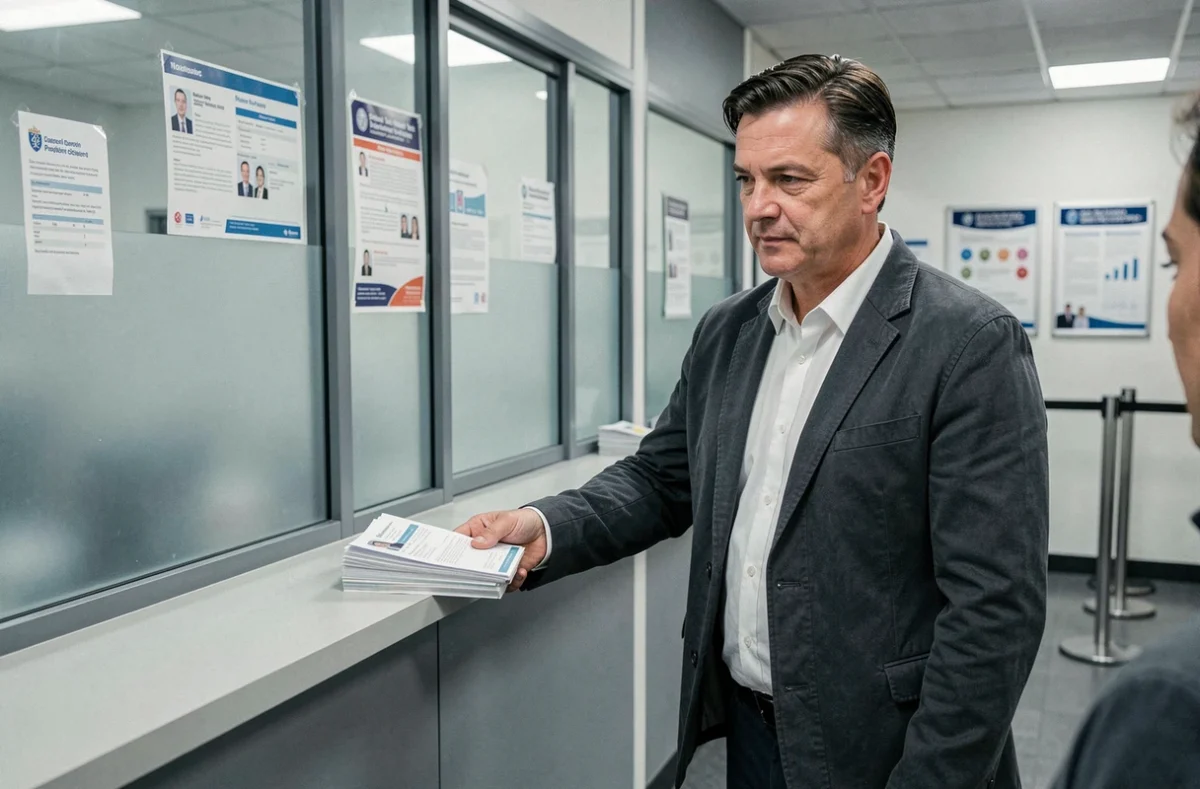 Homme déposant son dossier de passeport au guichet d'une administration publique