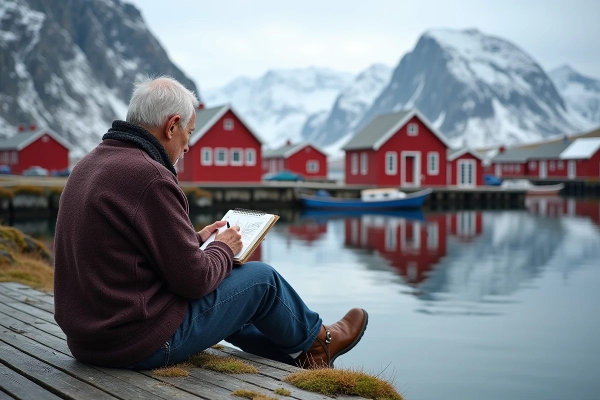 Homme âgé dessinant les cabanes de pêcheurs en Norvège