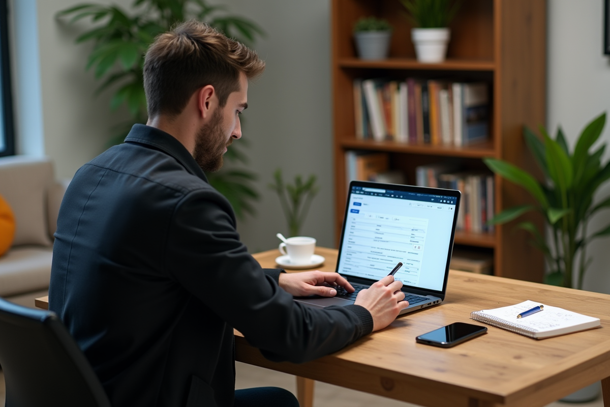 Homme à la maison modifiant un billet d