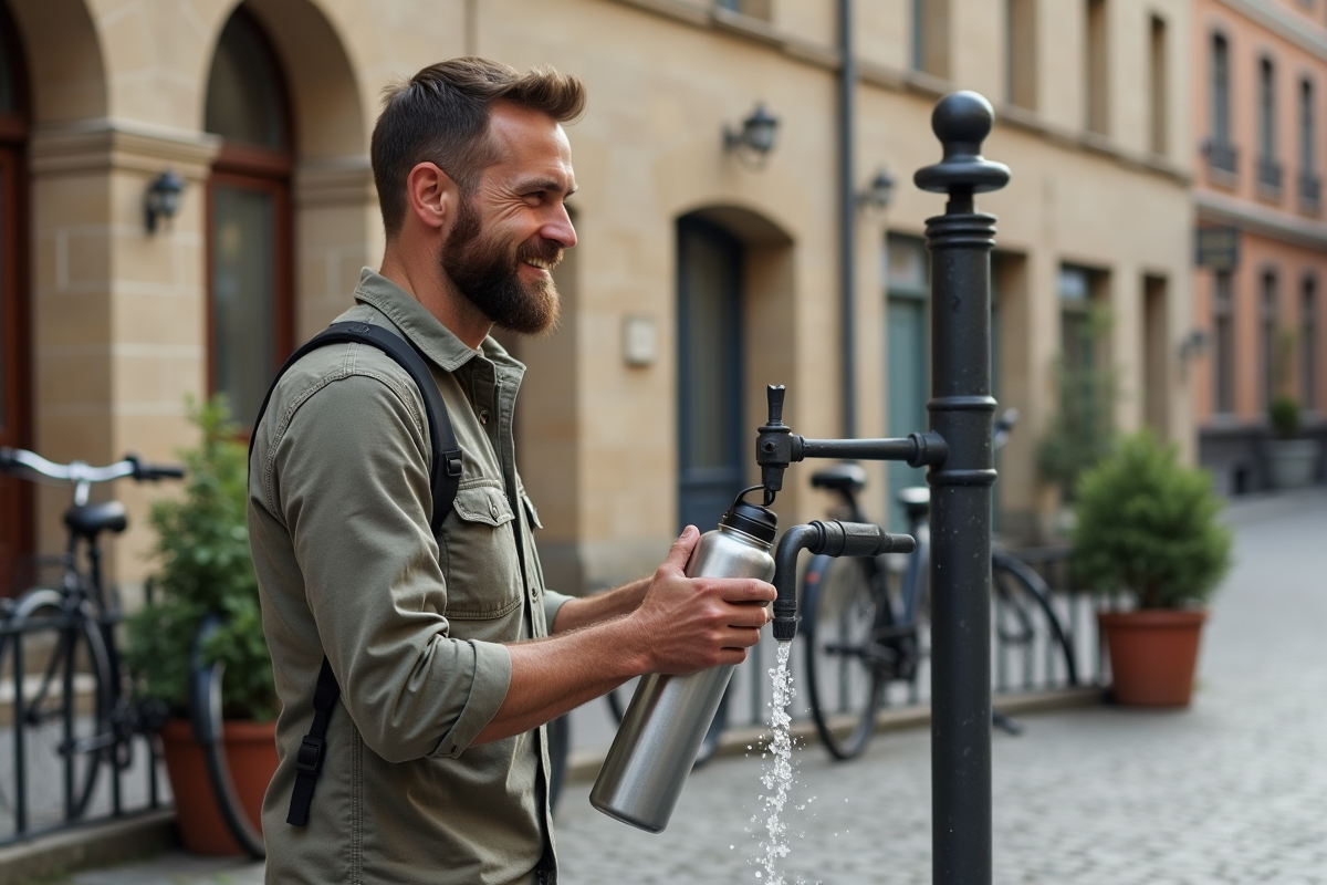 Homme remplissant sa gourde à une fontaine dans une place historique