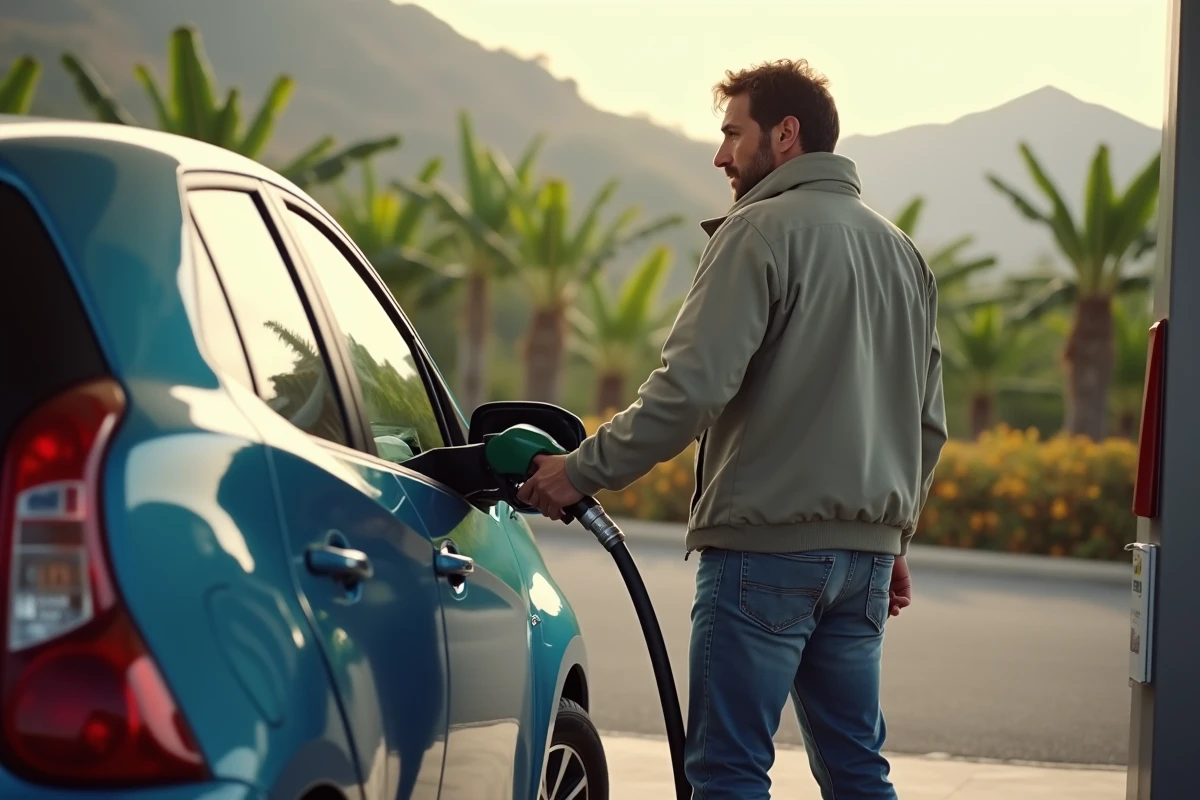 Homme faisant le plein à une station à Madeira