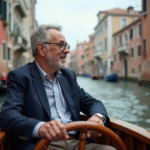 Homme italien en veste sombre sur un taxi vénitien