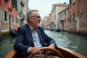 Homme italien en veste sombre sur un taxi vénitien