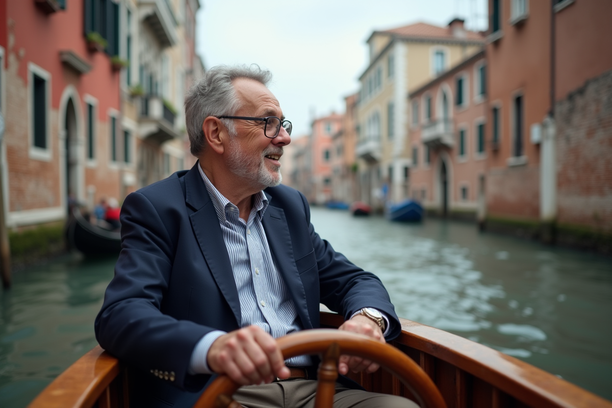 Homme italien en veste sombre sur un taxi vénitien