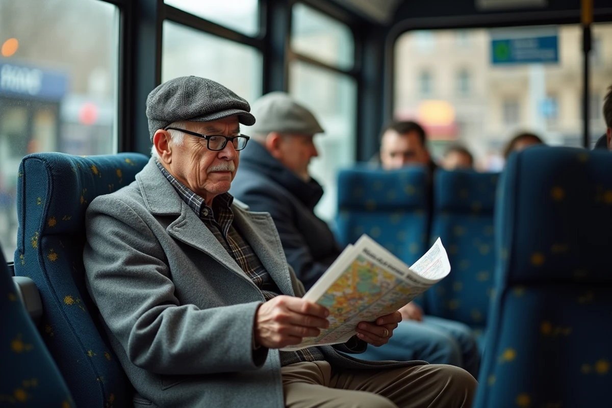 Homme âgé lisant une carte dans un bus moderne