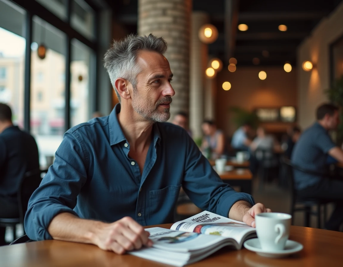 Homme consultant un magazine imprimé dans un café urbain moderne, questionner l'abonnement à un magazine en 2026