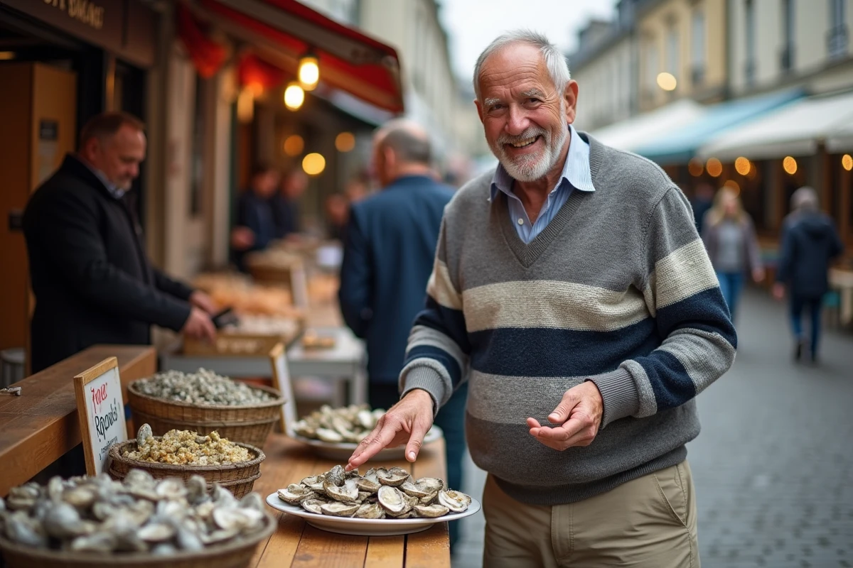 Homme âgé vendant des fruits de mer au marché de Quimper