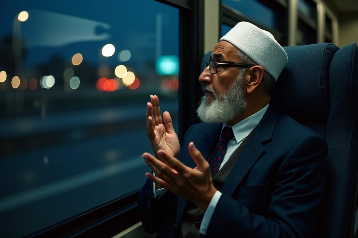 Homme musulman priant dans un bus de nuit