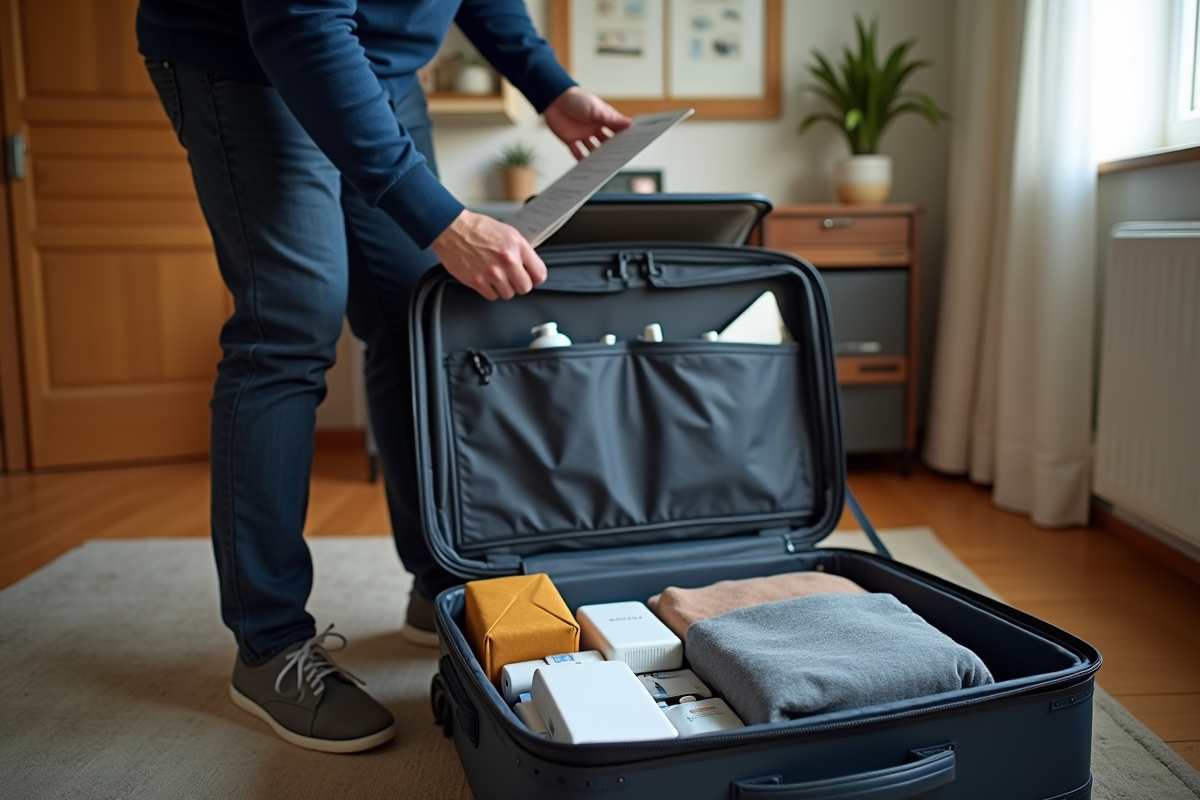 Homme vérifiant sa liste de voyage dans sa chambre organisée