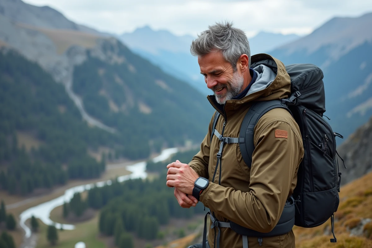 Homme en trek en montagne vérifiant son rythme cardiaque