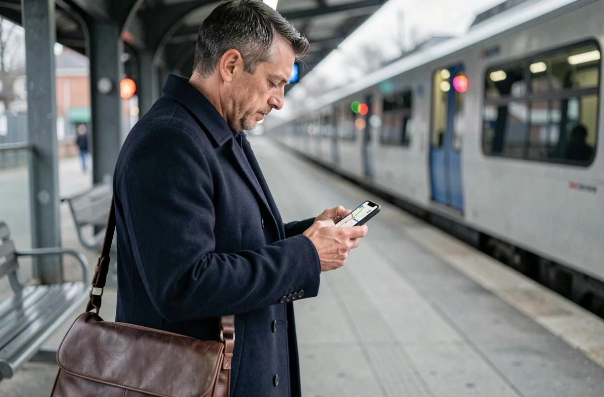 Homme sur un quai de gare de banlieue consultant un itinéraire multimodal sur son téléphone pendant son trajet quotidien