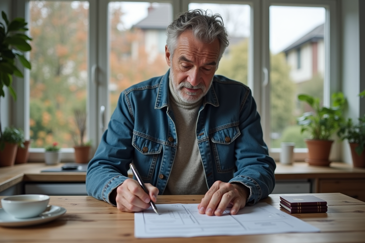 Homme remplissant un formulaire de renouvellement de passeport à la maison