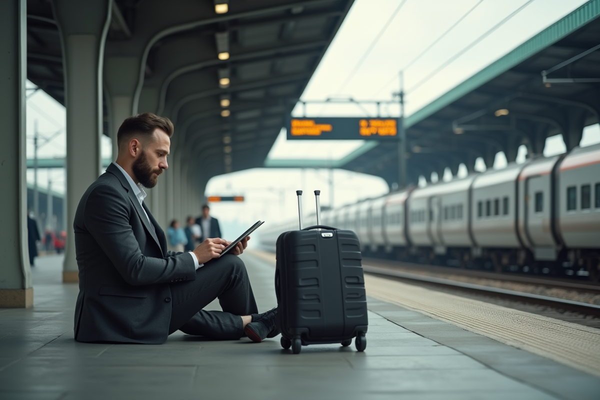 Jeune homme sur une plateforme de train à l’étranger