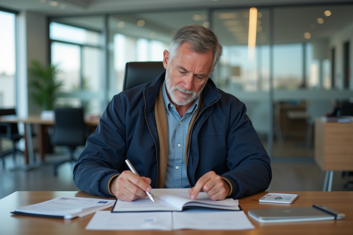 Homme vérifiant papiers dans bureau moderne