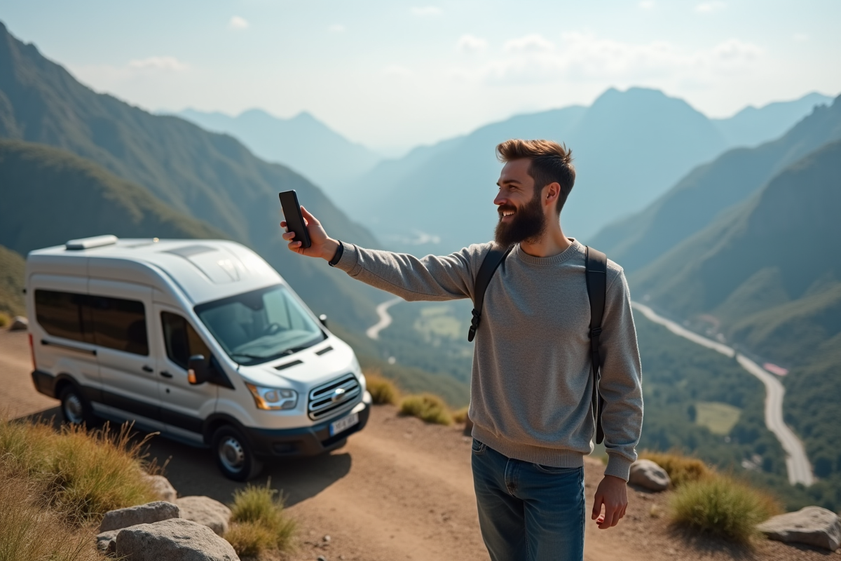 Homme avec van au scenic avec paysage montagneux