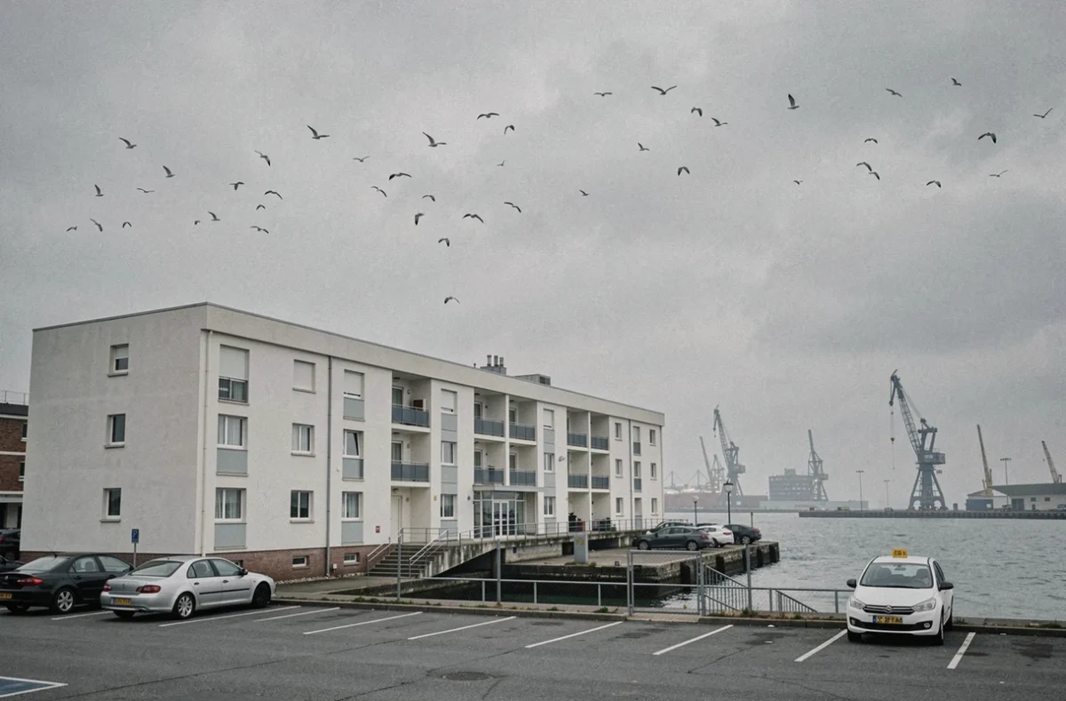 Extérieur d'un hôtel Balladins près du port de Dunkerque sous un ciel gris avec mouettes et grues portuaires