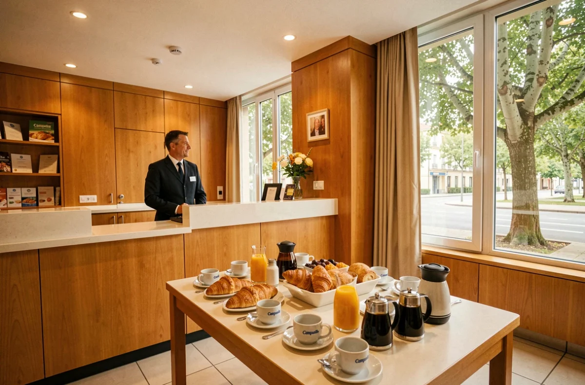 Hall et espace petit-déjeuner chaleureux de l'hôtel Campanile à Compiègne avec buffet et boiseries chaleureuses