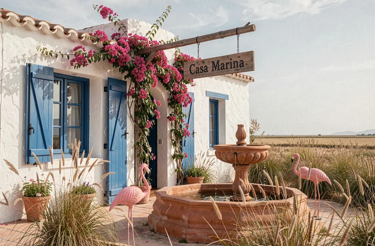 L'Hôtel Casa Marina à Saintes-Maries-de-la-Mer avec ses murs blancs, volets bleus et cour provençale fleurie