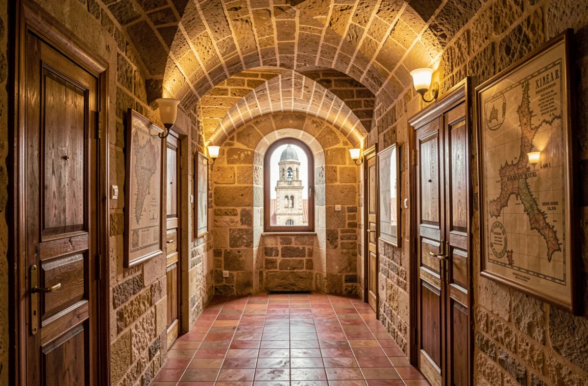 Couloir voûté en pierre de l'Hôtel de l'Horloge à Avignon avec carrelage ancien et vue sur le clocher
