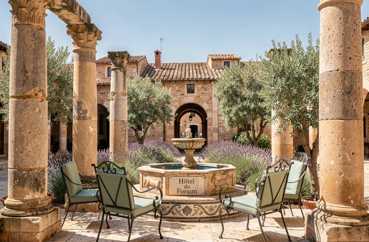 La cour intérieure de l'Hôtel du Forum à Arles avec colonnes romaines, fontaine en mosaïque et lavande