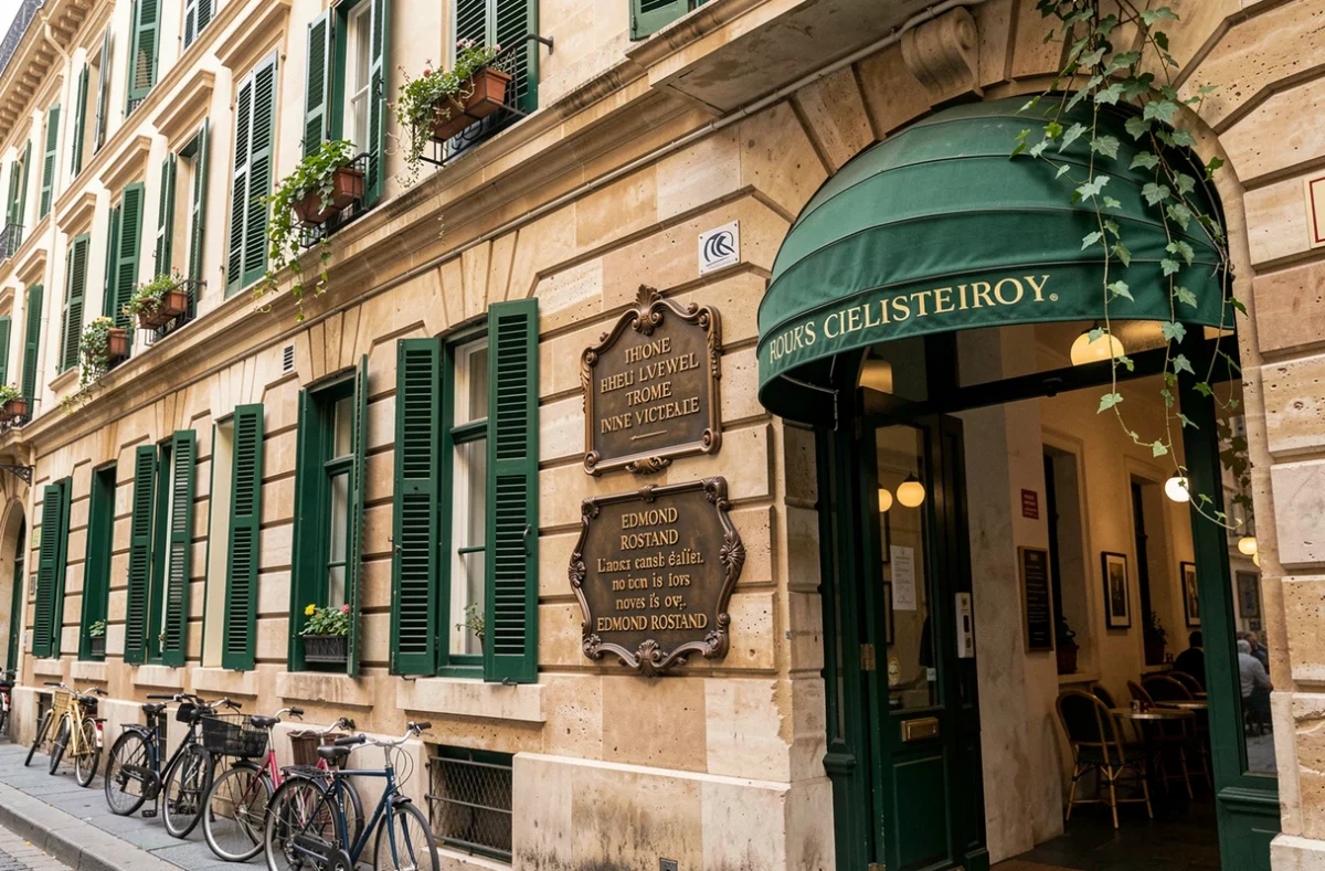 La façade haussmannienne de l'Hôtel Edmond Rostand à Marseille avec volets verts et plaque commémorative en bronze