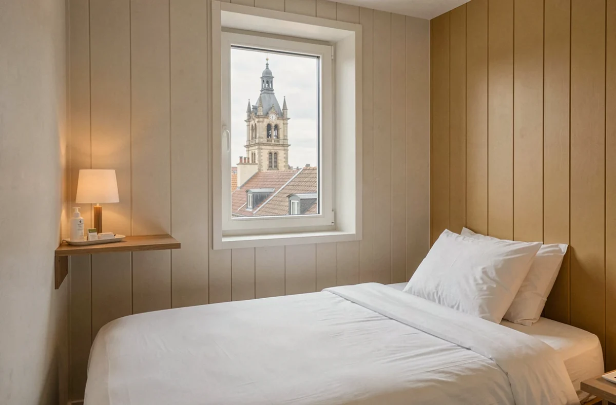 Chambre simple et nette d'un hôtel Formule 1 à Arras avec vue sur les toits et le beffroi flamand
