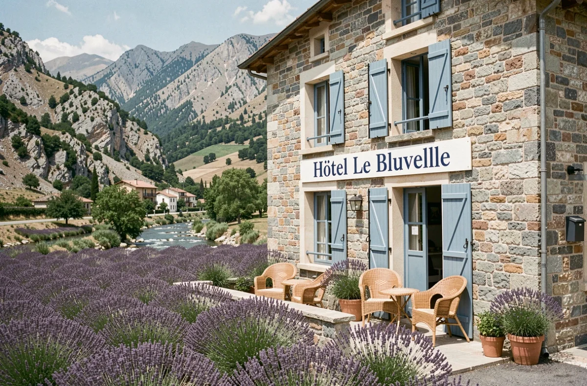 L'Hôtel Le Bluvelle à Digne-les-Bains entouré de lavande et de collines alpines, avec terrasse en osier