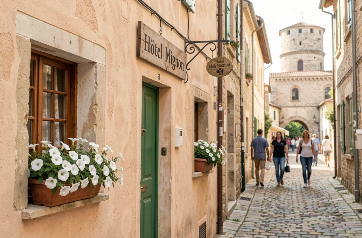 L'Hôtel Mignon à Avignon avec sa façade pêche, jardinières fleuries et ruelle pavée du centre historique