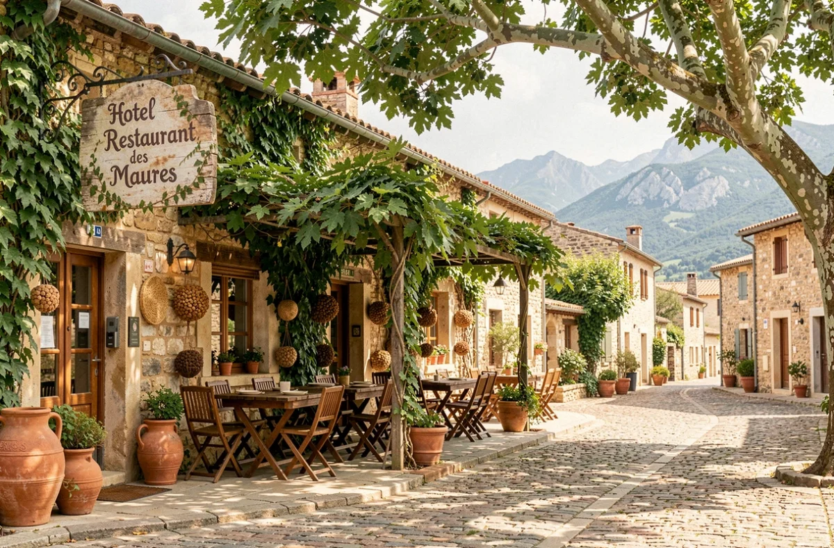 L'Hôtel Restaurant des Maures à Collobrières, avec terrasse sous les châtaigniers et façade en pierre du Var