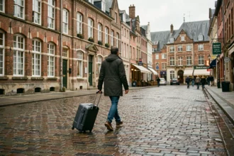Un voyageur avec une valise dans une ville du nord de la France, évoquant les hôtels pas chers dans les Hauts-de-France