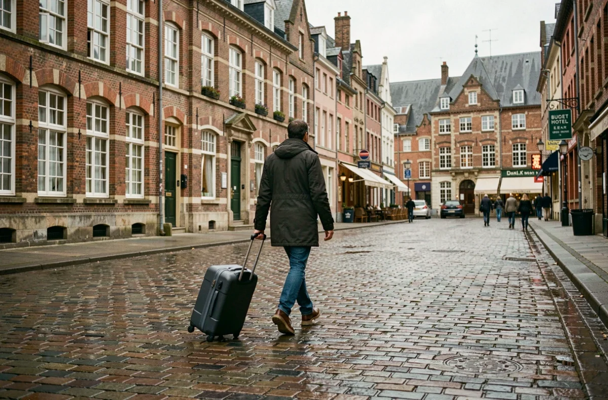Un voyageur avec une valise dans une ville du nord de la France, évoquant les hôtels pas chers dans les Hauts-de-France