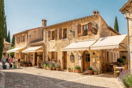Vue d'ensemble d'un village provençal avec hôtels abordables, façades en pierre ocre et ambiance méditerranéenne