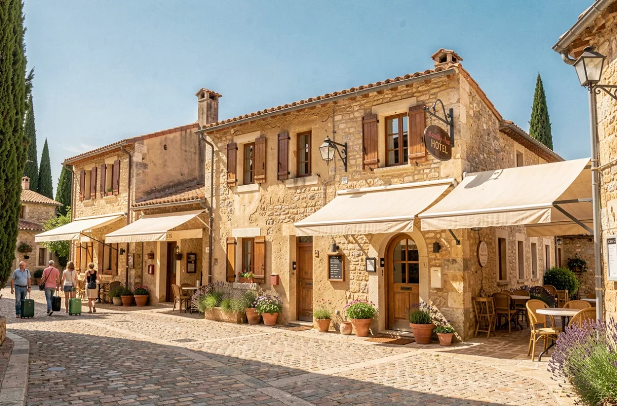Vue d'ensemble d'un village provençal avec hôtels abordables, façades en pierre ocre et ambiance méditerranéenne