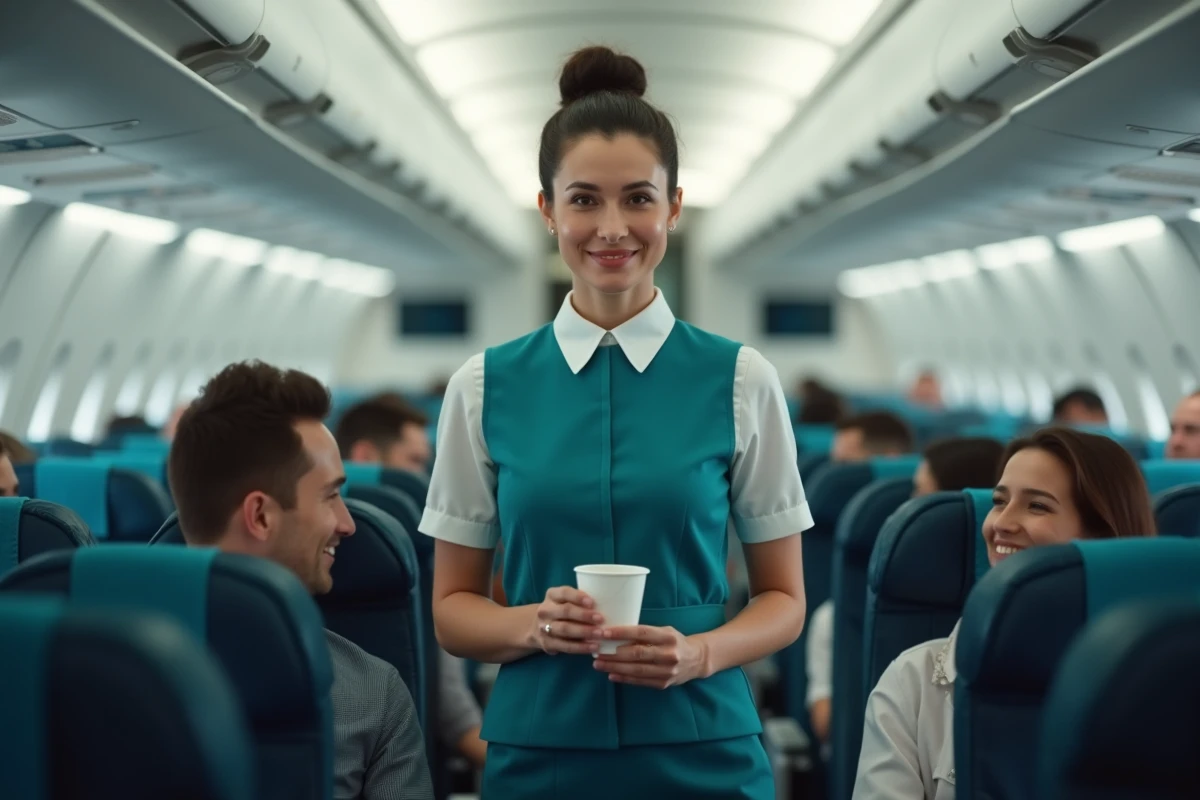 Hôtesse de l'air en uniforme servant un passager dans la cabine économique d'un avion Transavia