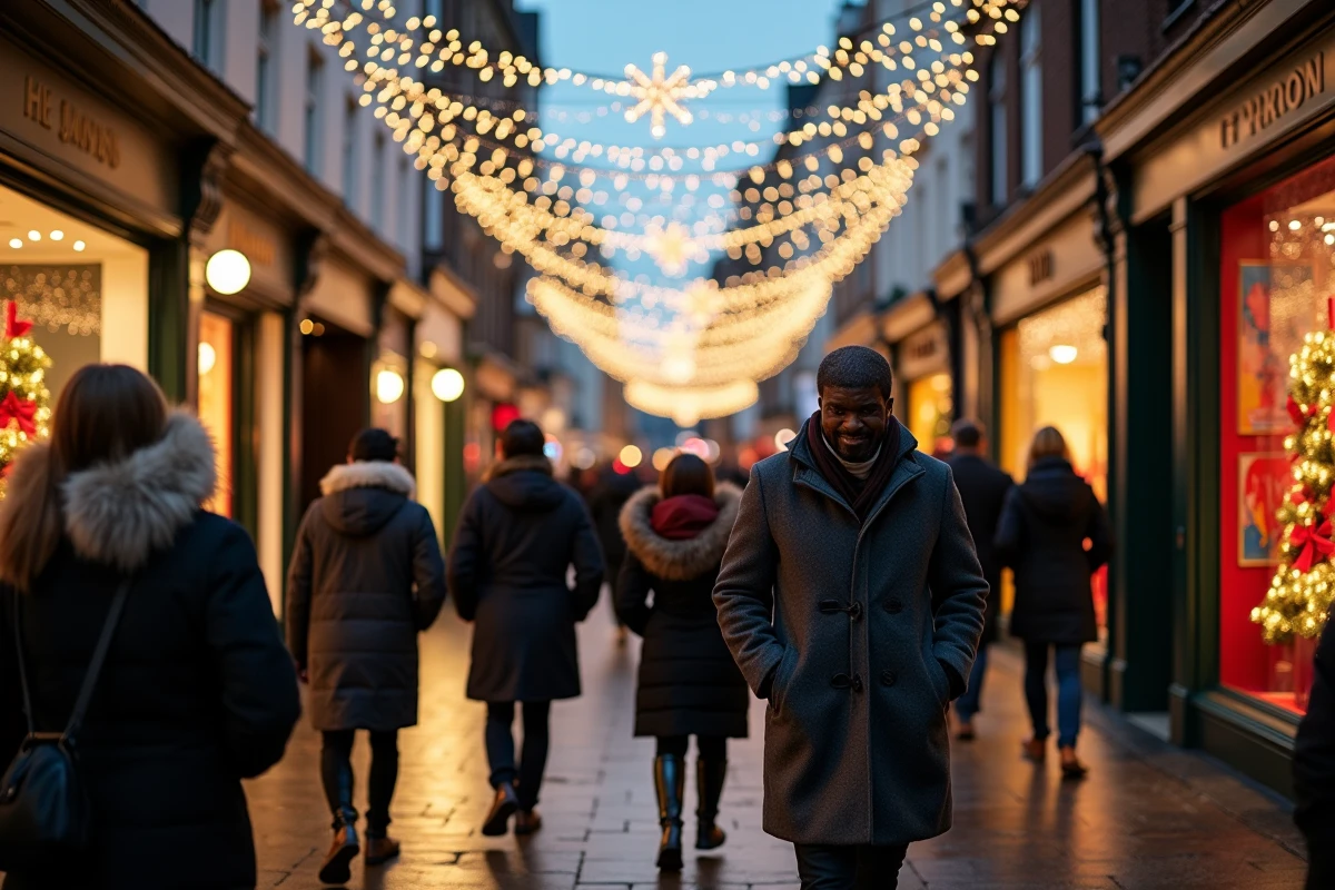 Illuminations de Noël sur Grafton Street à Dublin au crépuscule, guirlandes lumineuses blanches reflétées sur le pavé mouillé