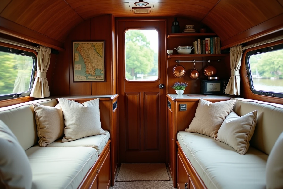Intérieur chaleureux d'une péniche aménagée à Toulouse avec boiseries, cuisine et hublot donnant sur le canal