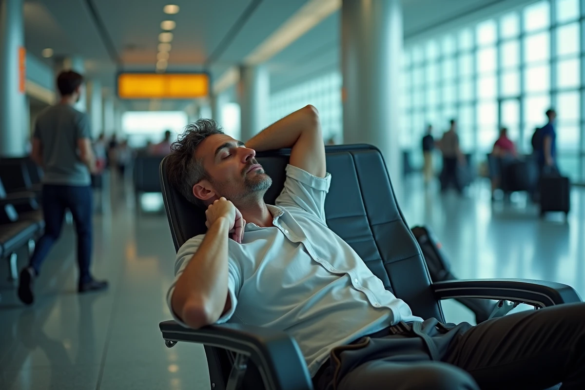 Voyageur français épuisé par le jet lag à l'aéroport de Miami, assis dans une salle d'arrivée animée