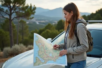 Jeune femme dépliant une carte de Corse du Nord en plein air