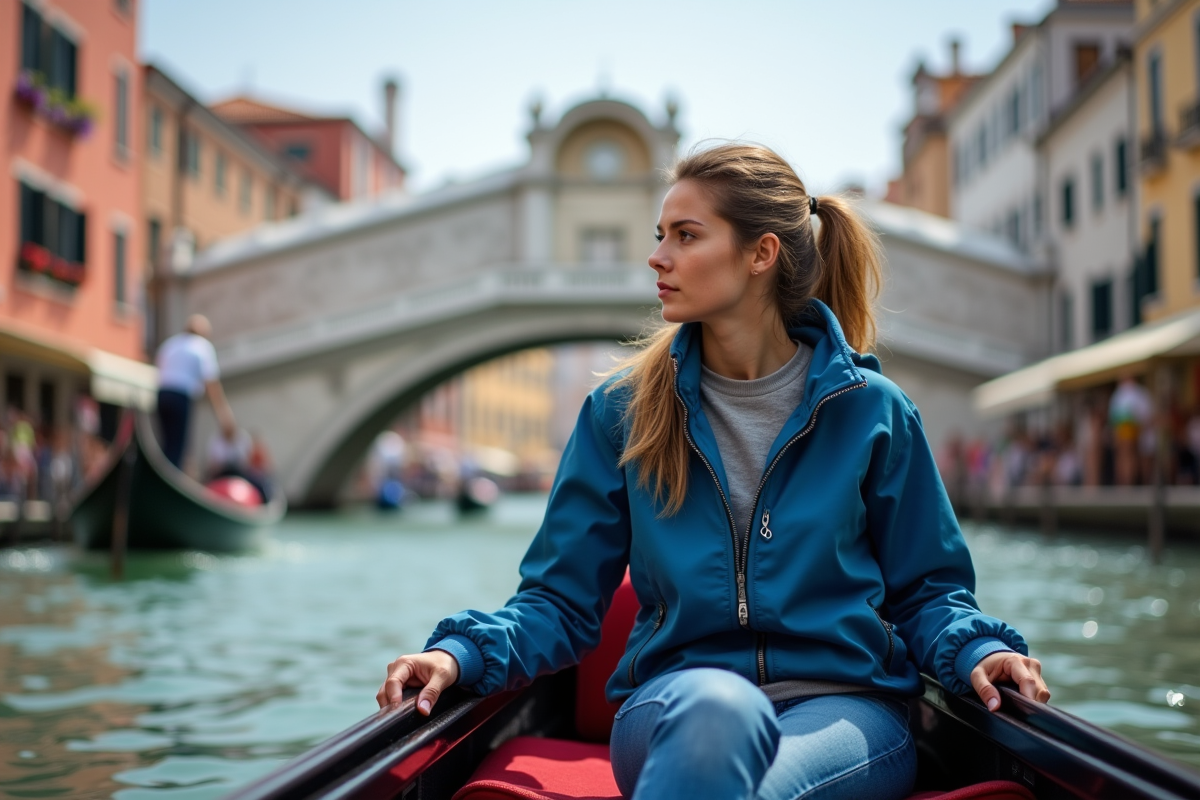 Jeune femme seule dans une gondola à Venise regardant un pont