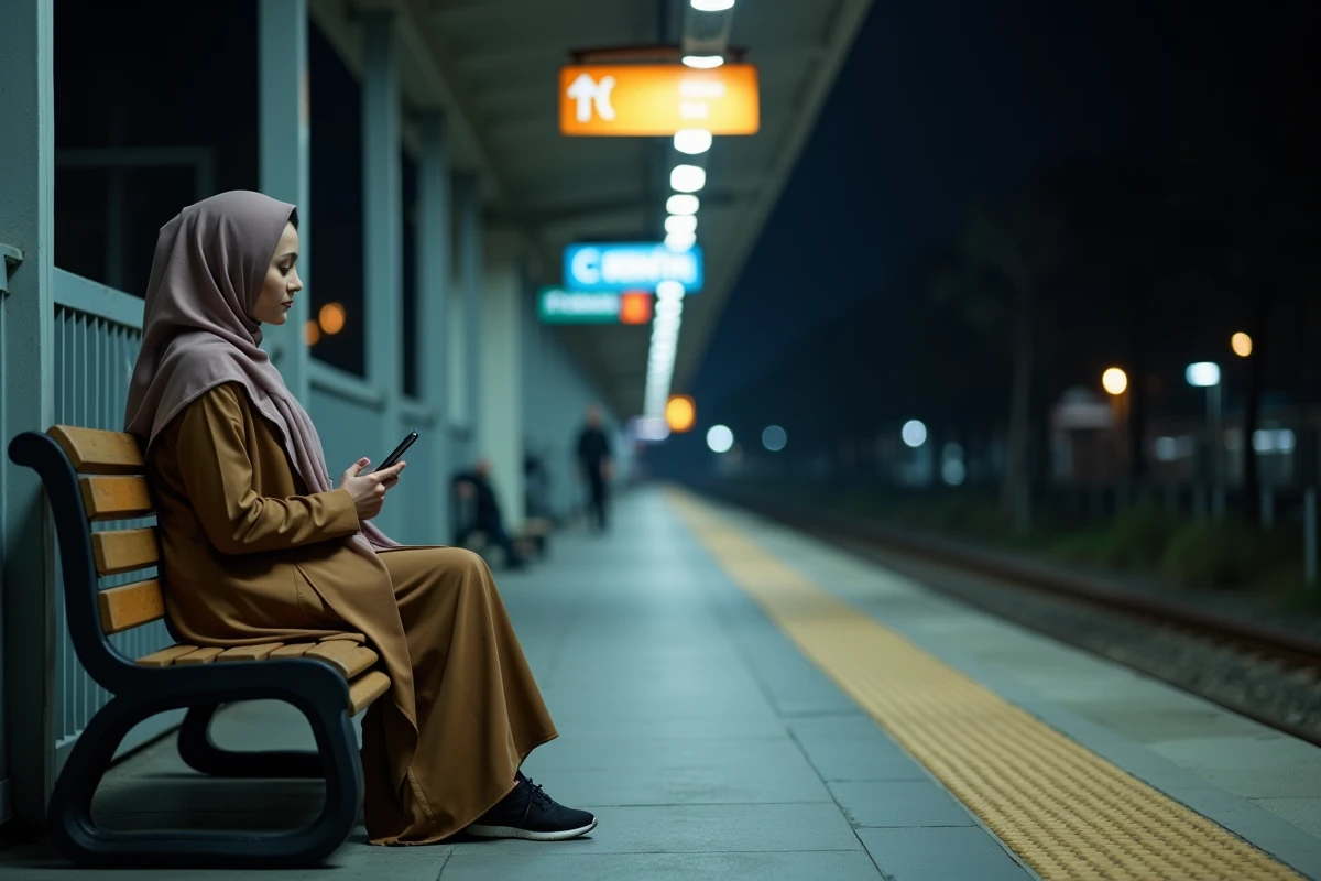 Jeune femme musulmane en hijab sur un quai de train