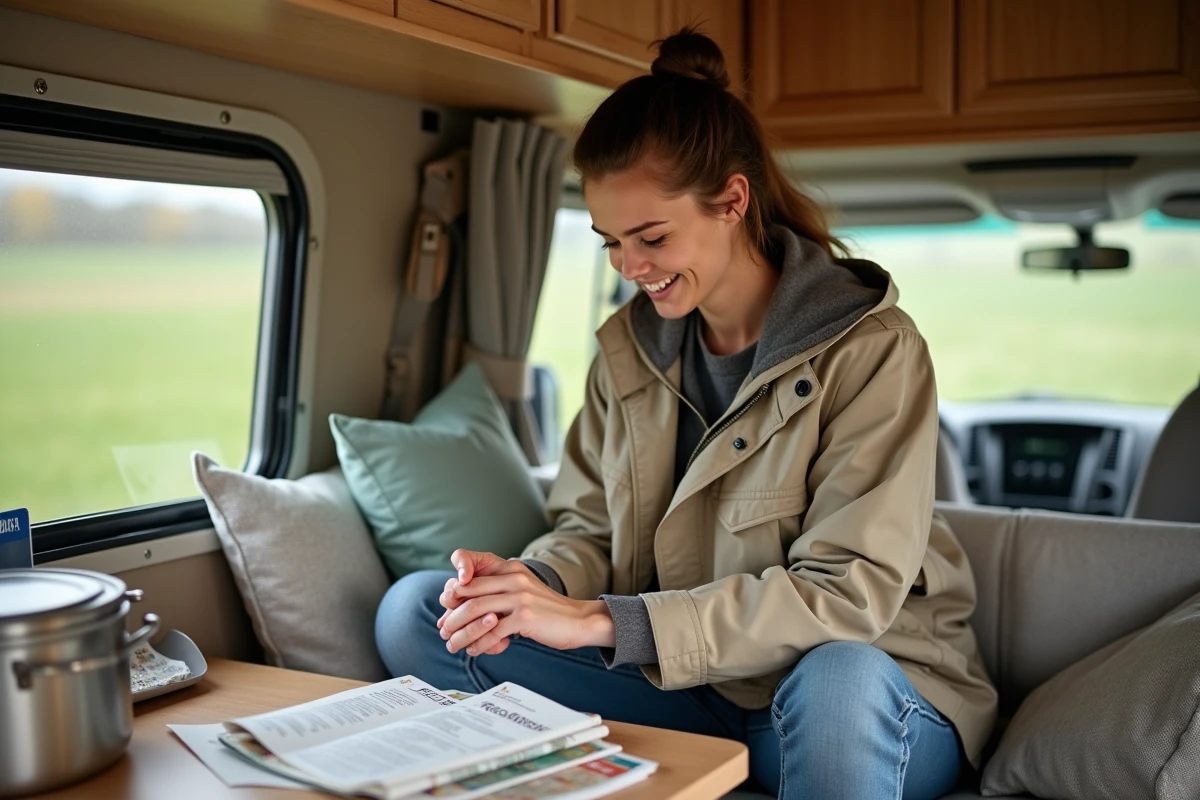 Jeune femme organise ses affaires dans le van